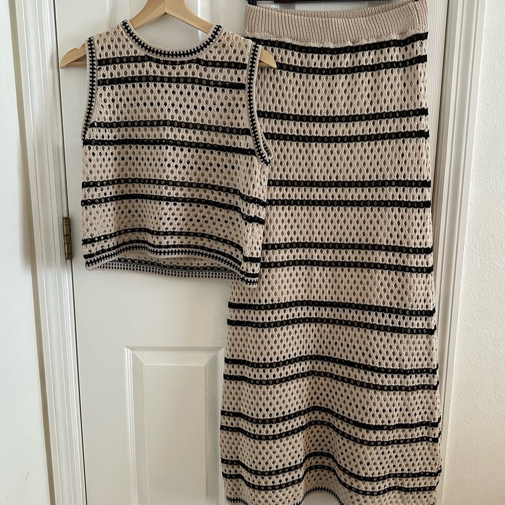 Solitaire Beige and Black Crochet Top and Skirt Set